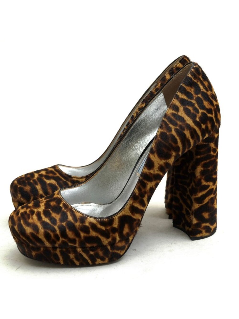 Prada Pumps Shoes Women Leather Dark Brown 8751 Leopard Chunky Heel High